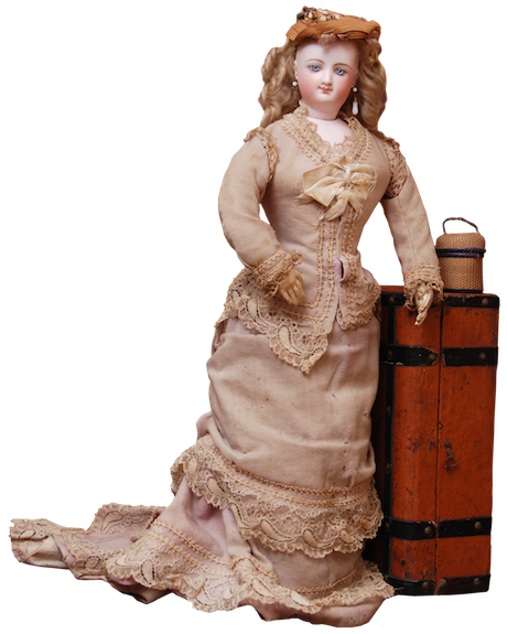 Кукла Брю на кожаном теле в оригинальном шерстяном платье со шлейфом. Первоначально платье было ярко-розовым, но со временем выгорело, цвет сохранился только внутри складок шлейфа. Частная коллекция. Из статьи Натальи Курочкиной «Чему улыбаются куклы»