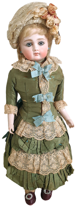 Ранняя Зоннебергская кукла эпохи 1880-х в оригинальном наряде. Маркировки нет, лишь цифра размера: «0». Частная коллекция. Из статьи Валентины Беляниной «Она его сохранила, или размышления об оригинальном наряде»